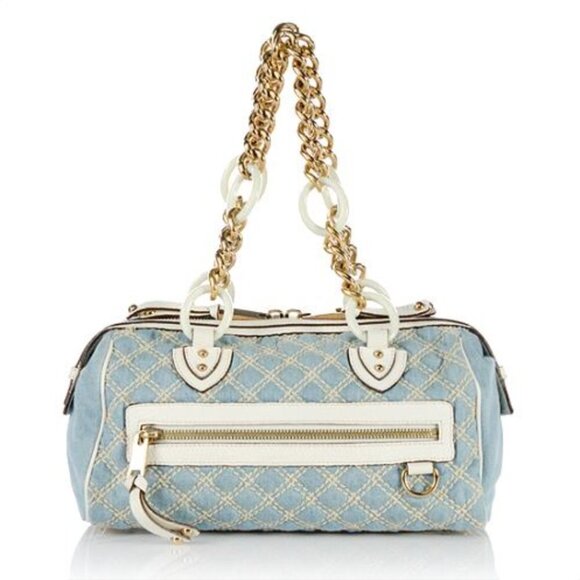 Marc Jacobs Light Blue Denim Quilted Satchel Bag w/ Gold Chain - Picture 1 of 11